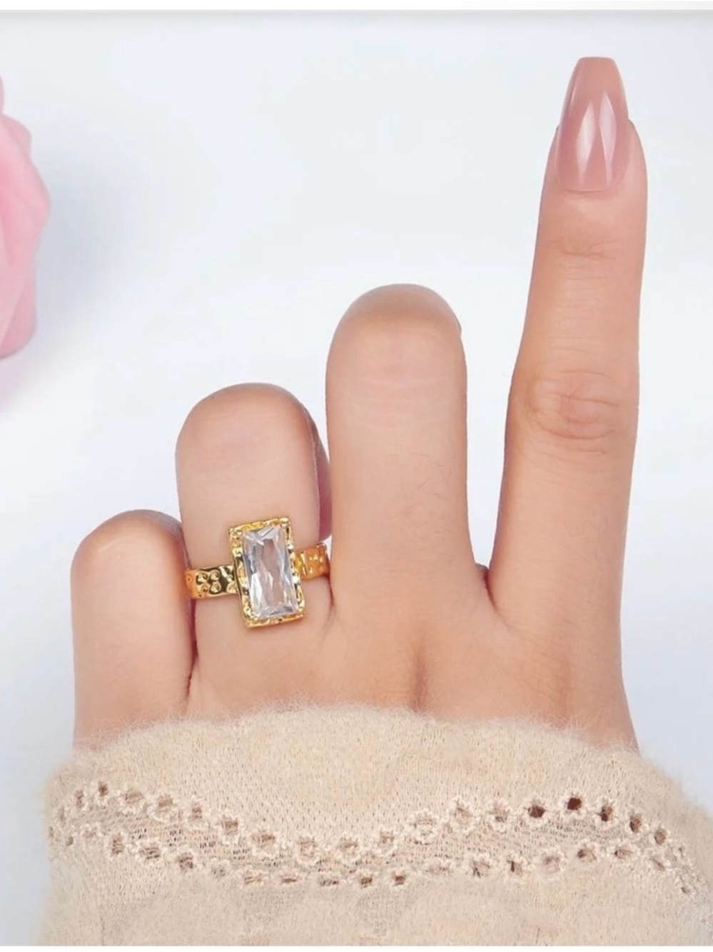 24K Gold Filled Clear CZ Baguette Hammered Wrap Band Ring